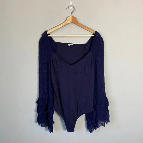 NWOT Free People Intimately FP Enchanted By You Bodysuit Women's Large Navy Silk - Picture 3 of 13